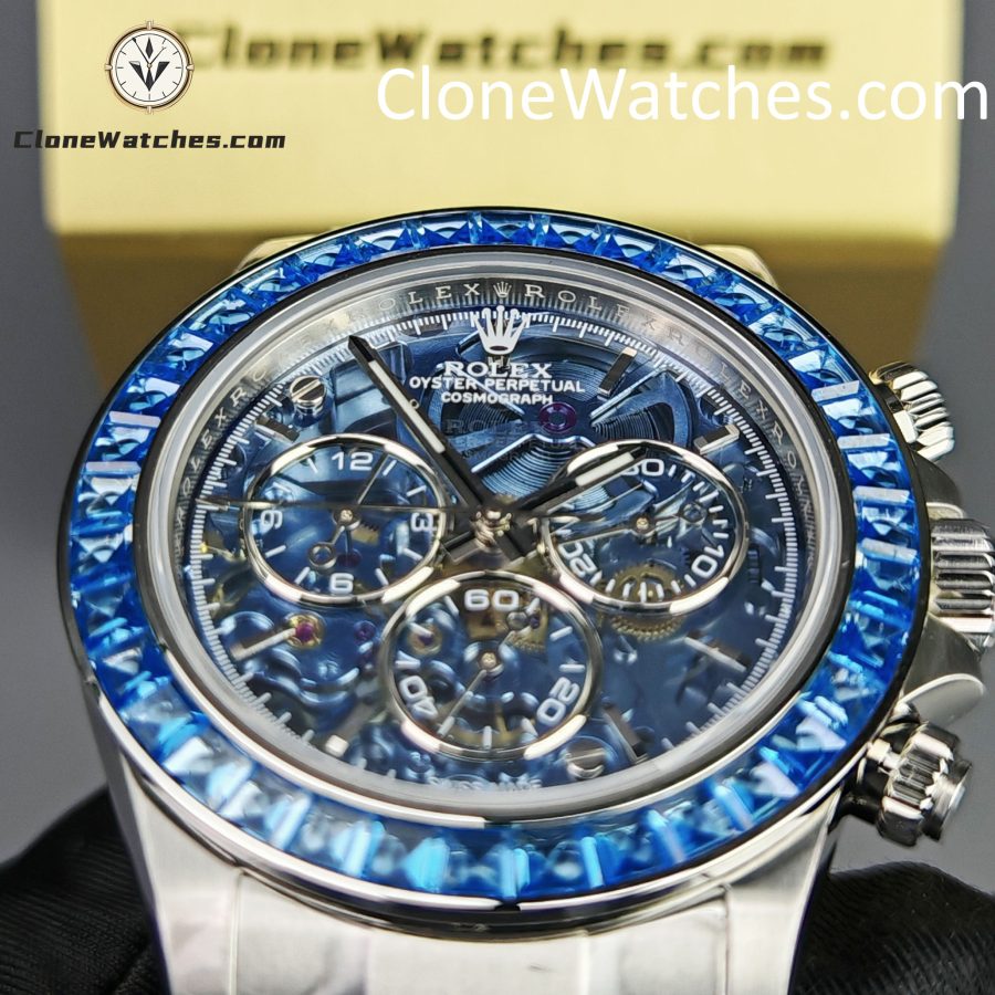 Rolex Super Clone Watches 1:1 Daytona Arolla Blue Crystal Skeleton Dial Diamonds Bezel 4130 Movement - Image 15