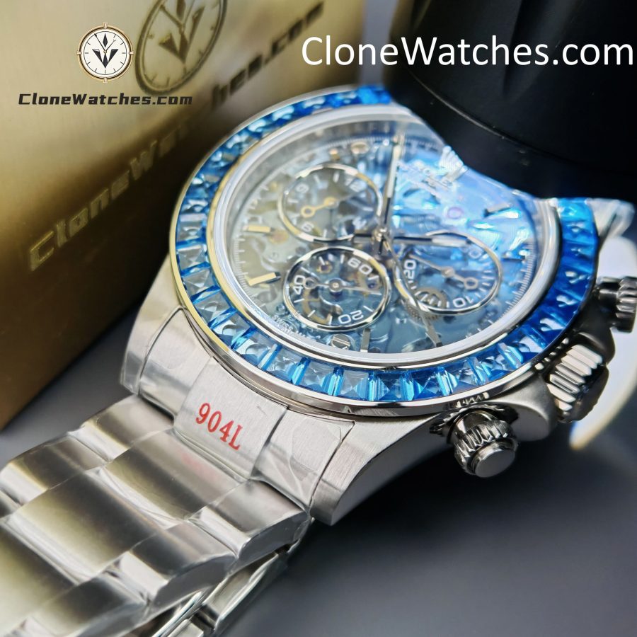 Rolex Super Clone Watches 1:1 Daytona Arolla Blue Crystal Skeleton Dial Diamonds Bezel 4130 Movement - Image 16