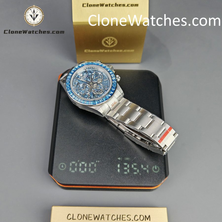 Rolex Super Clone Watches 1:1 Daytona Arolla Blue Crystal Skeleton Dial Diamonds Bezel 4130 Movement - Image 18