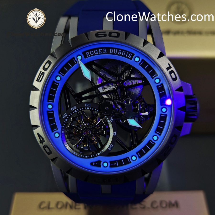 Roger Dubuis Super Clone Watches 1:1 Excalibur Skeleton  Tourbillon RDDBEX0479 45MM Blue Strap - Image 2