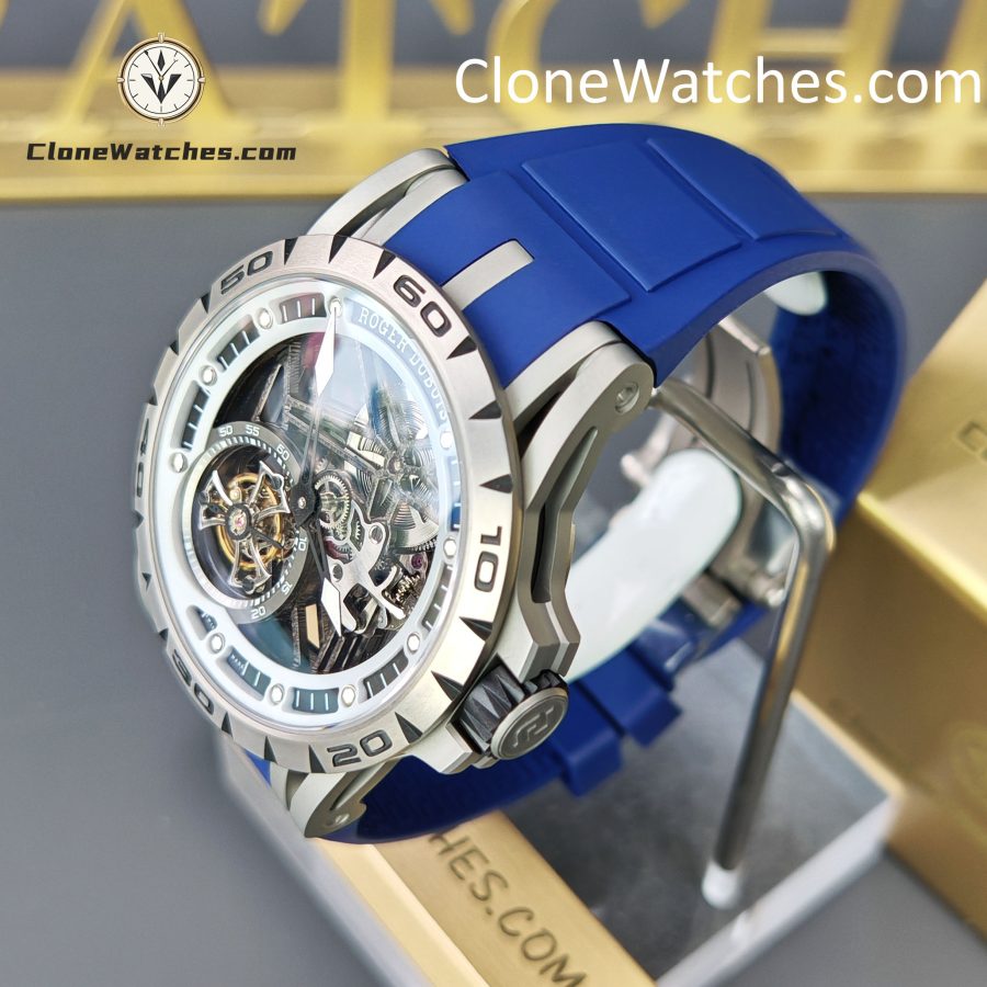 Roger Dubuis Super Clone Watches 1:1 Excalibur Skeleton  Tourbillon RDDBEX0479 45MM Blue Strap - Image 3