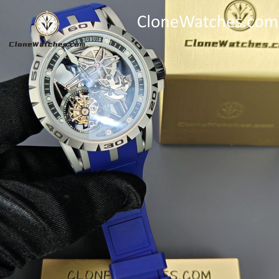 Roger Dubuis Super Clone Watches 1:1 Excalibur Skeleton  Tourbillon RDDBEX0479 45MM Blue Strap - Image 4