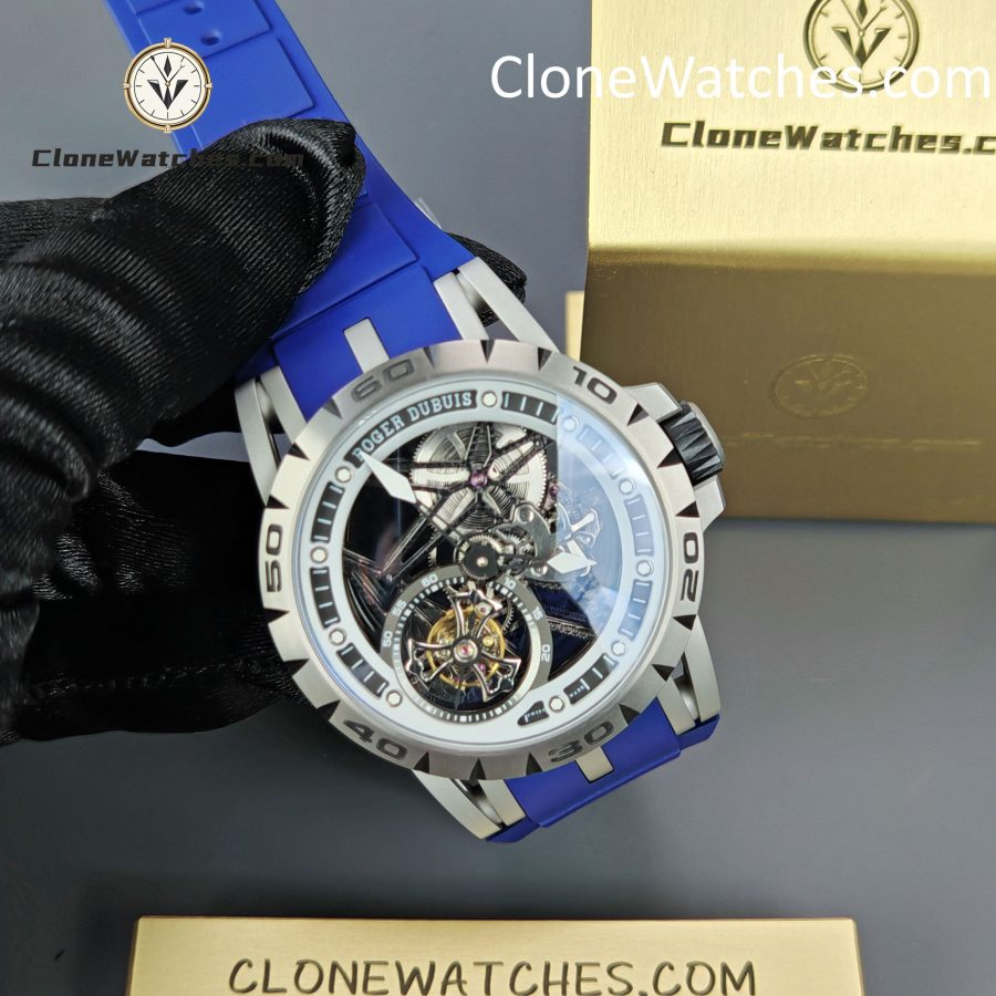 Roger Dubuis Super Clone Watches 1:1 Excalibur Skeleton  Tourbillon RDDBEX0479 45MM Blue Strap - Image 5