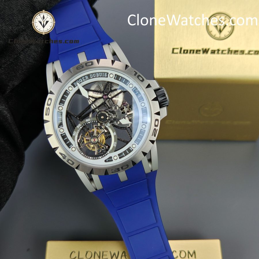 Roger Dubuis Super Clone Watches 1:1 Excalibur Skeleton  Tourbillon RDDBEX0479 45MM Blue Strap - Image 6