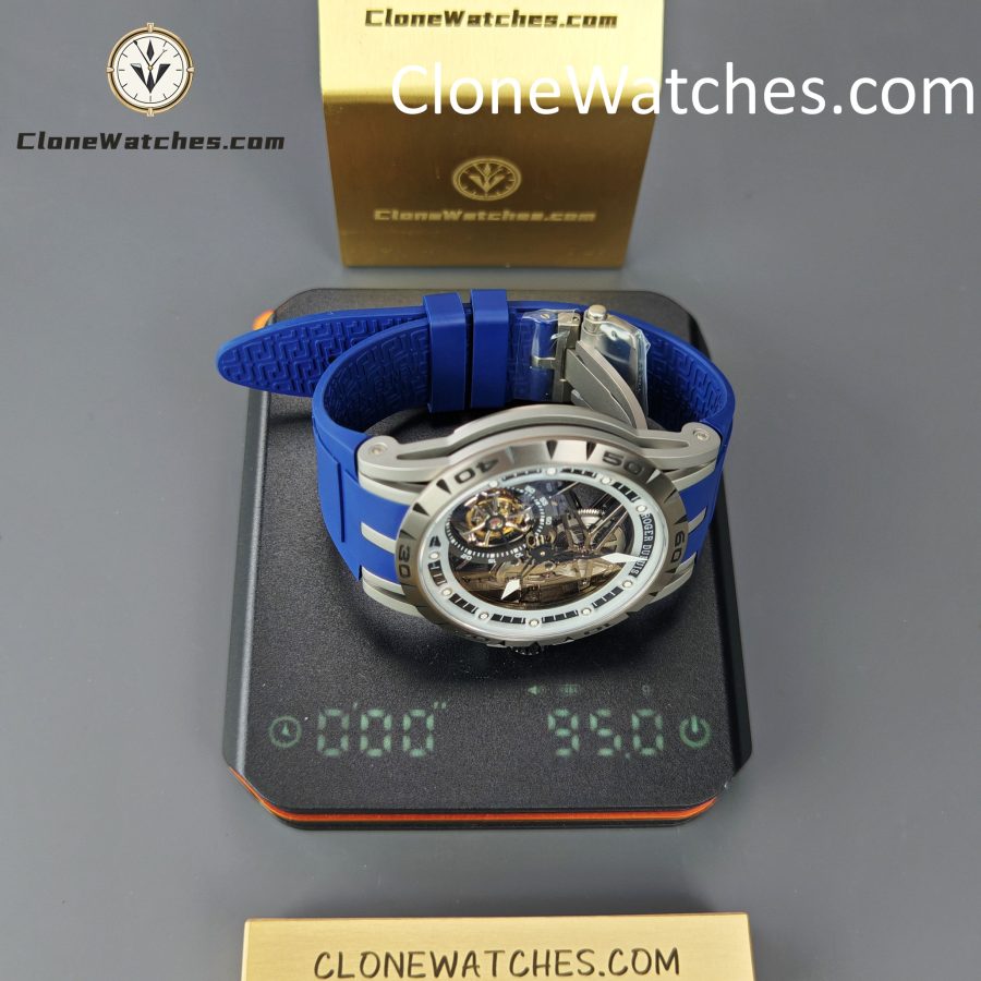 Roger Dubuis Super Clone Watches 1:1 Excalibur Skeleton  Tourbillon RDDBEX0479 45MM Blue Strap - Image 14