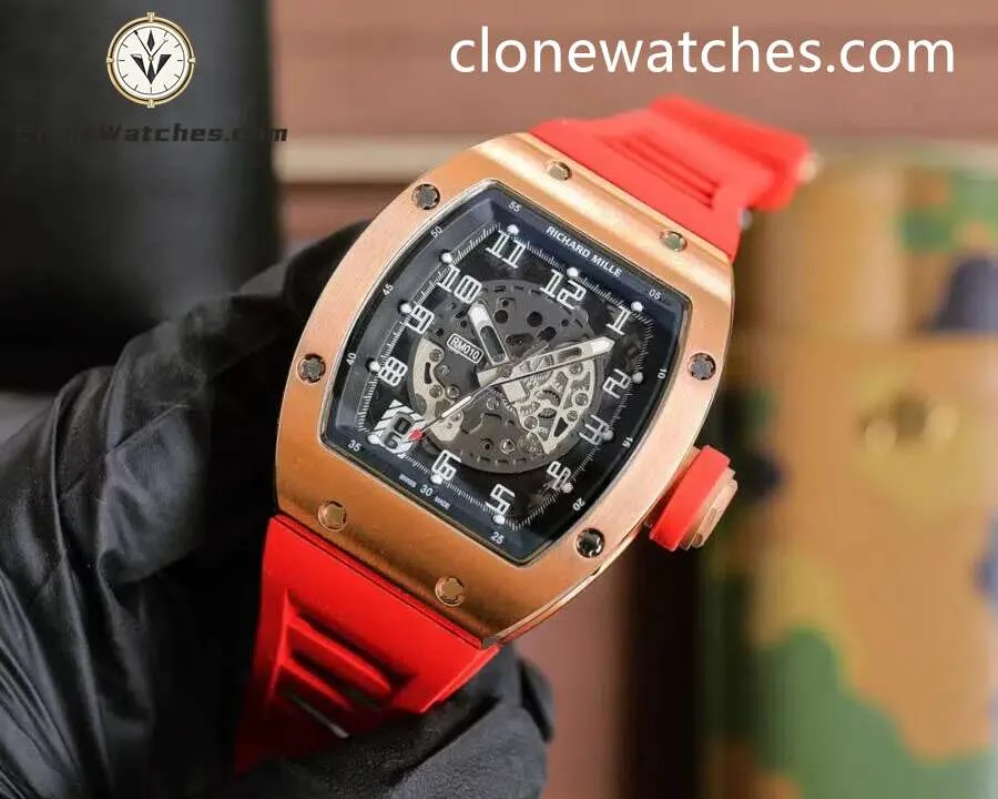 Richard Mille Super Clone Watches 1:1 Rose Gold RM010 41mm Red Rubber Strap - Image 4