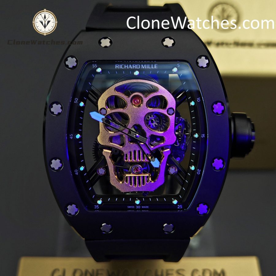 Richard Mille Super Clone Watches 1:1 RM 052 Tourbillon Skull Rose Gold Black Strap - Image 2