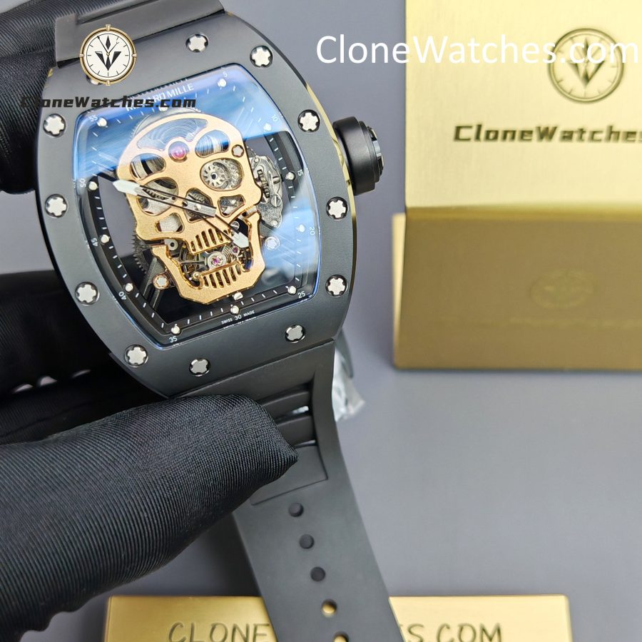 Richard Mille Super Clone Watches 1:1 RM 052 Tourbillon Skull Rose Gold Black Strap - Image 4