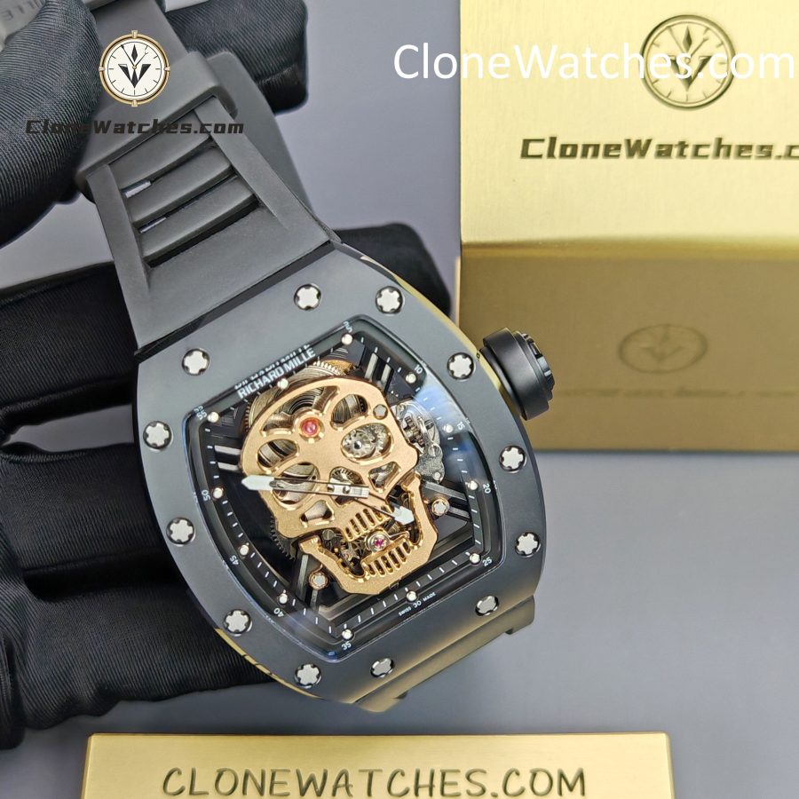 Richard Mille Super Clone Watches 1:1 RM 052 Tourbillon Skull Rose Gold Black Strap - Image 5