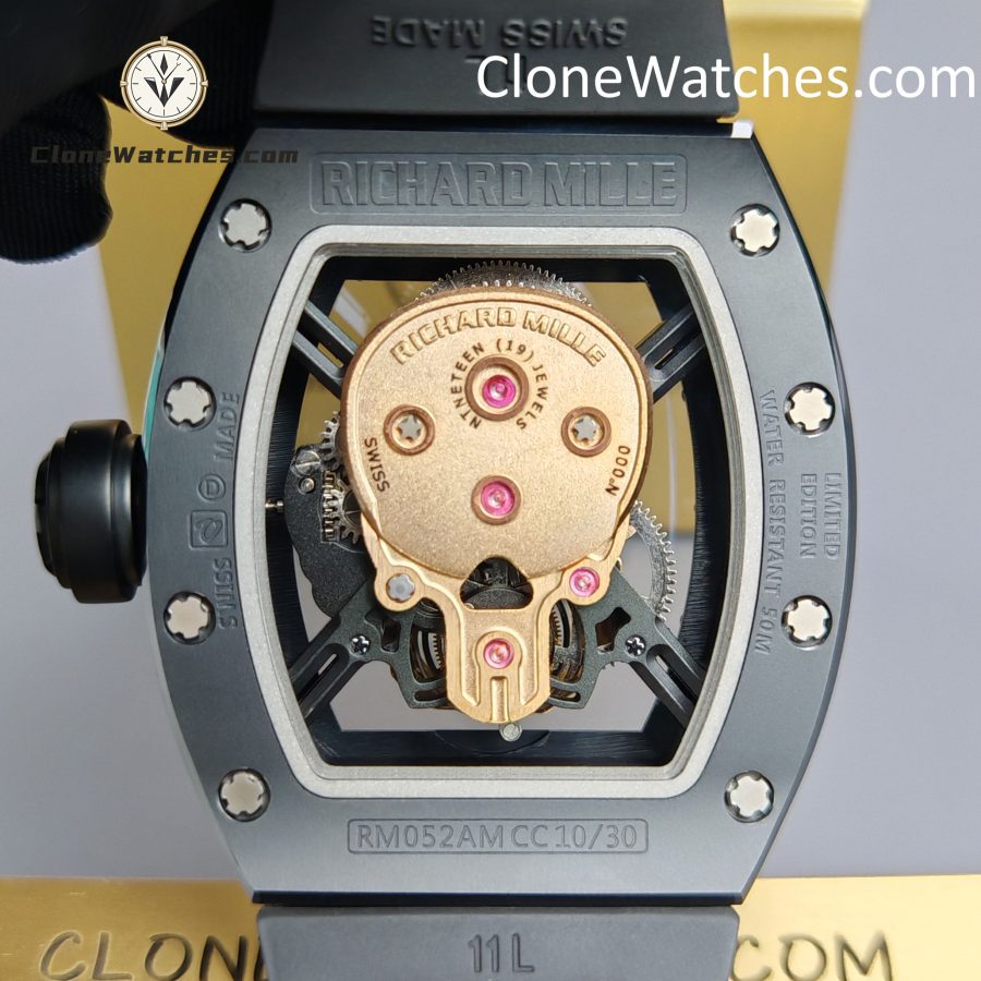 Richard Mille Super Clone Watches 1:1 RM 052 Tourbillon Skull Rose Gold Black Strap - Image 6