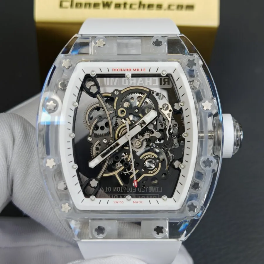 Richard Mille Super Clone Watches 1:1 RM 055 Full Transparent Tourbillon White Strap - Image 3