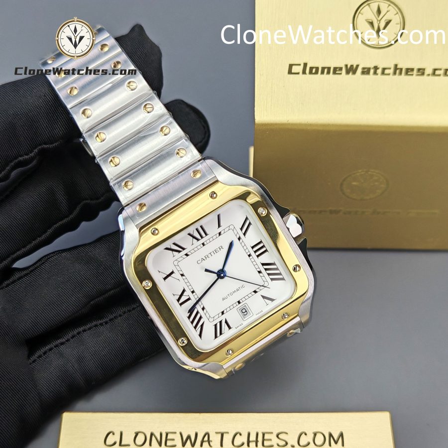 Cartier Super Clone Watches 1:1 Santos Series White Dial 18K gold plated 39.8MM W2SA0009 Steel Strap - Image 4