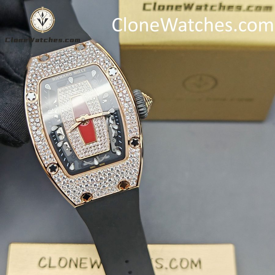 Richard Mille Super clone watches 1:1 RM 07-01Rose Gold Diamond dial Black strap - Image 6