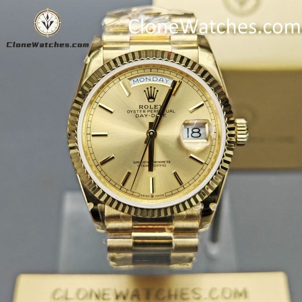 Rolex Super Clone Watches 1:1 Day Date 18K Gold Champagne Dial 36mm m128238-0045 3255 Movement