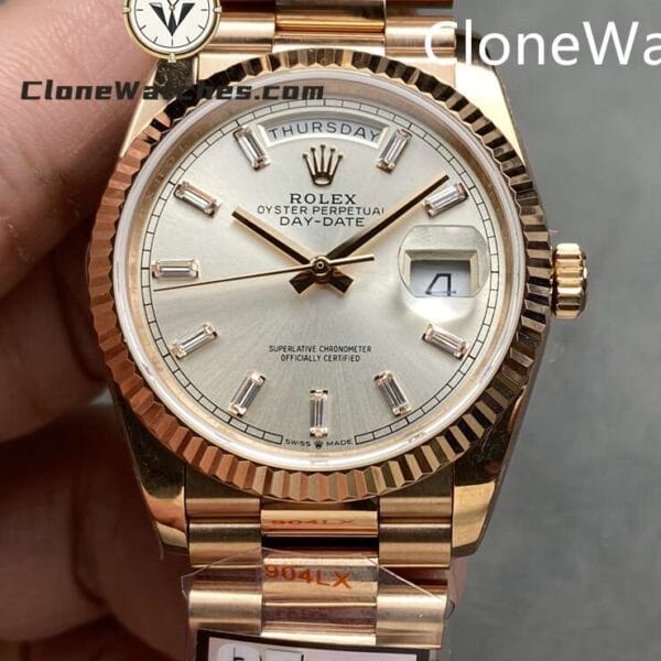 Super Clone Watches – Rolex Day Date Rose Gold Silver Dial m128235-0087 3255