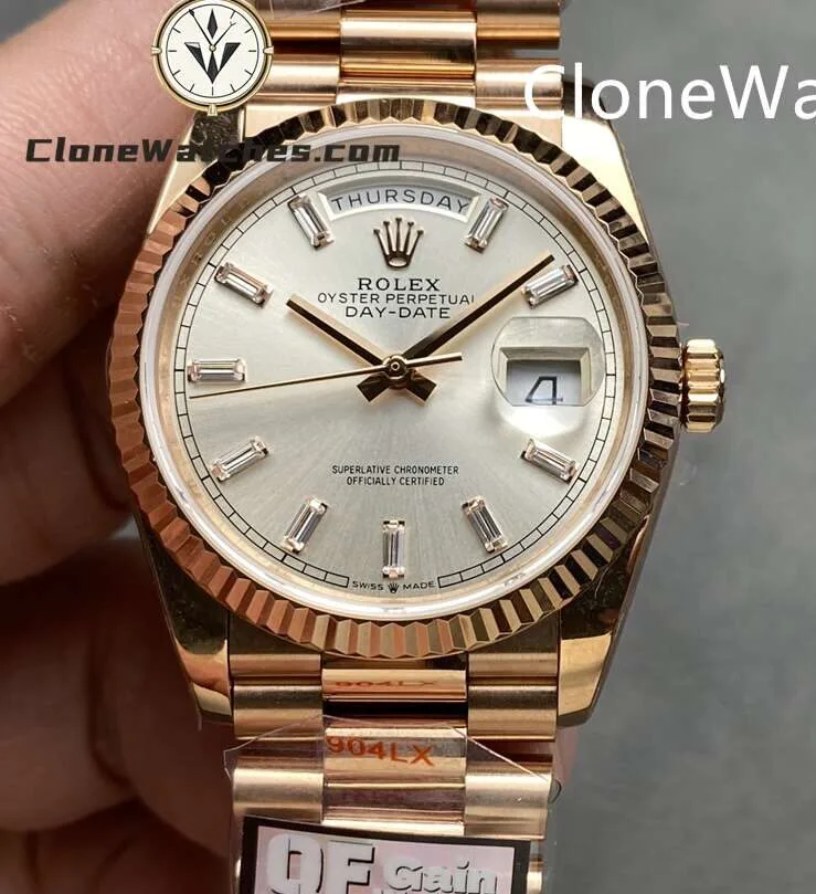 Super Clone Watches – Rolex Day Date Rose Gold Silver Dial m128235-0087 3255