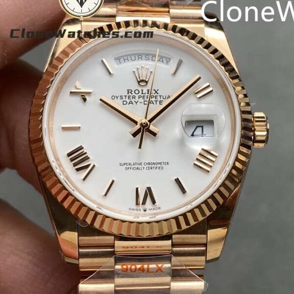 Super Clone Watches Rolex Day Date Rose Gold White Dial m128235