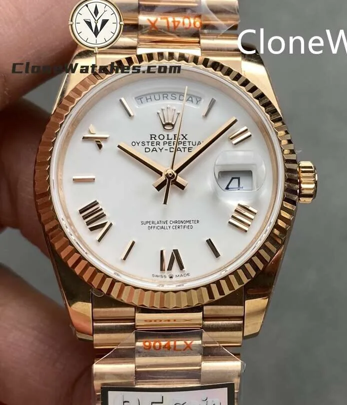 Super Clone Watches Rolex Day Date Rose Gold White Dial m128235