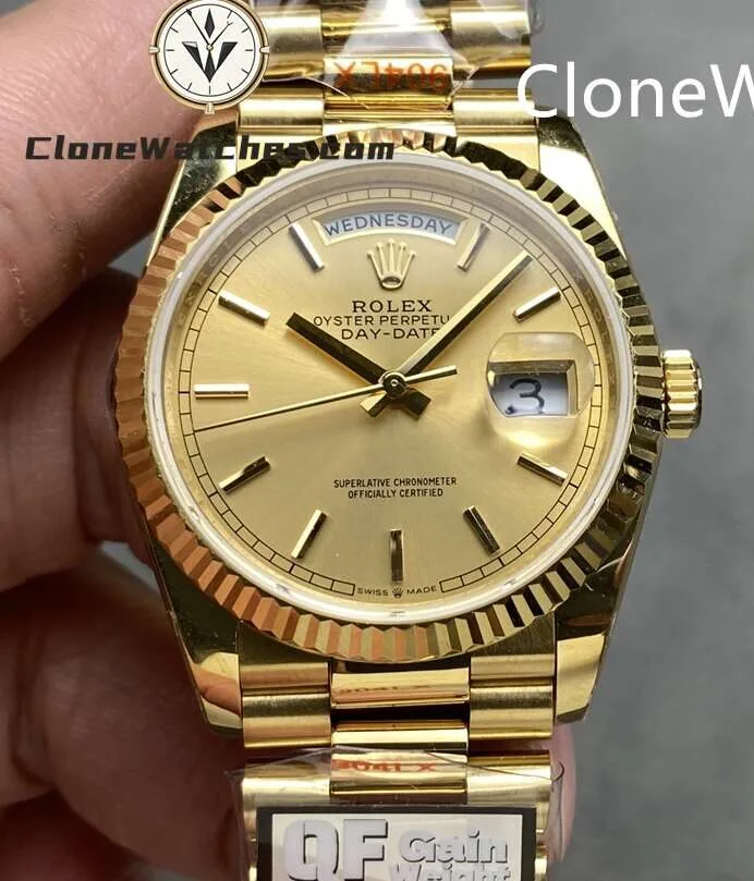 Rolex Super Clone Watches 1:1 Day Date 18K Gold Champagne Dial 36mm m128238-0045 3255 Movement