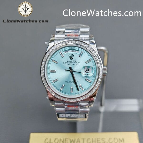 Rolex Super Clone Watches 1:1 Day Date Ice Blue Diamond Bezel Dial 36mm m128396tbr-0003 3255 Movement