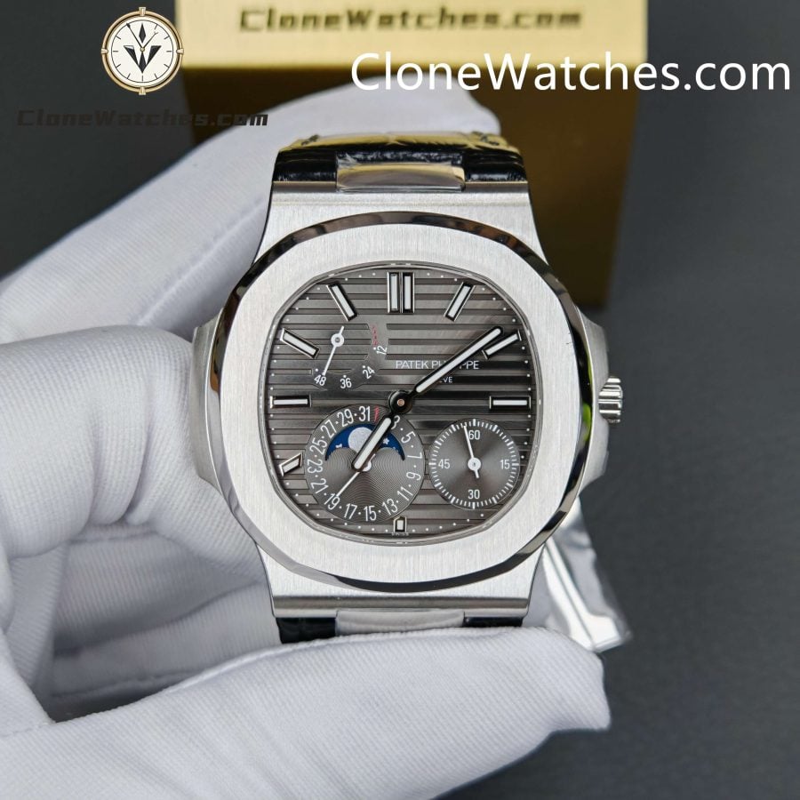 Patek Philippe Super Clone Watches 1:1 Nautilus 5712 Gray Dial Black Leather Strap - Image 4