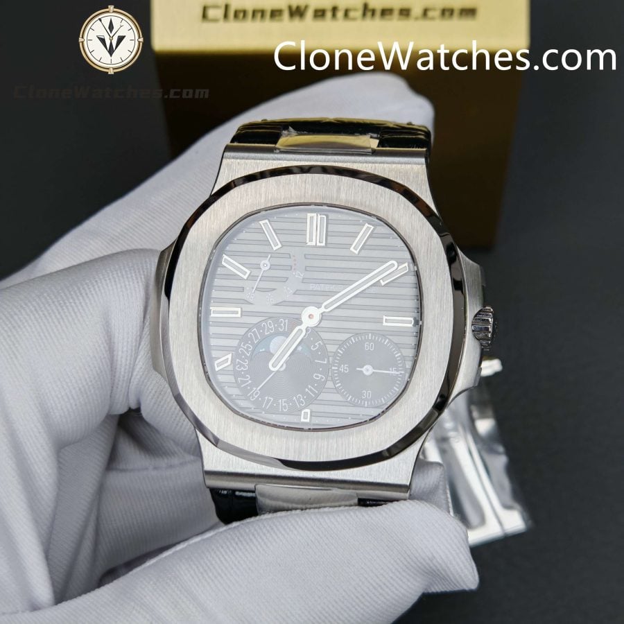 Patek Philippe Super Clone Watches 1:1 Nautilus 5712 Gray Dial Black Leather Strap - Image 5