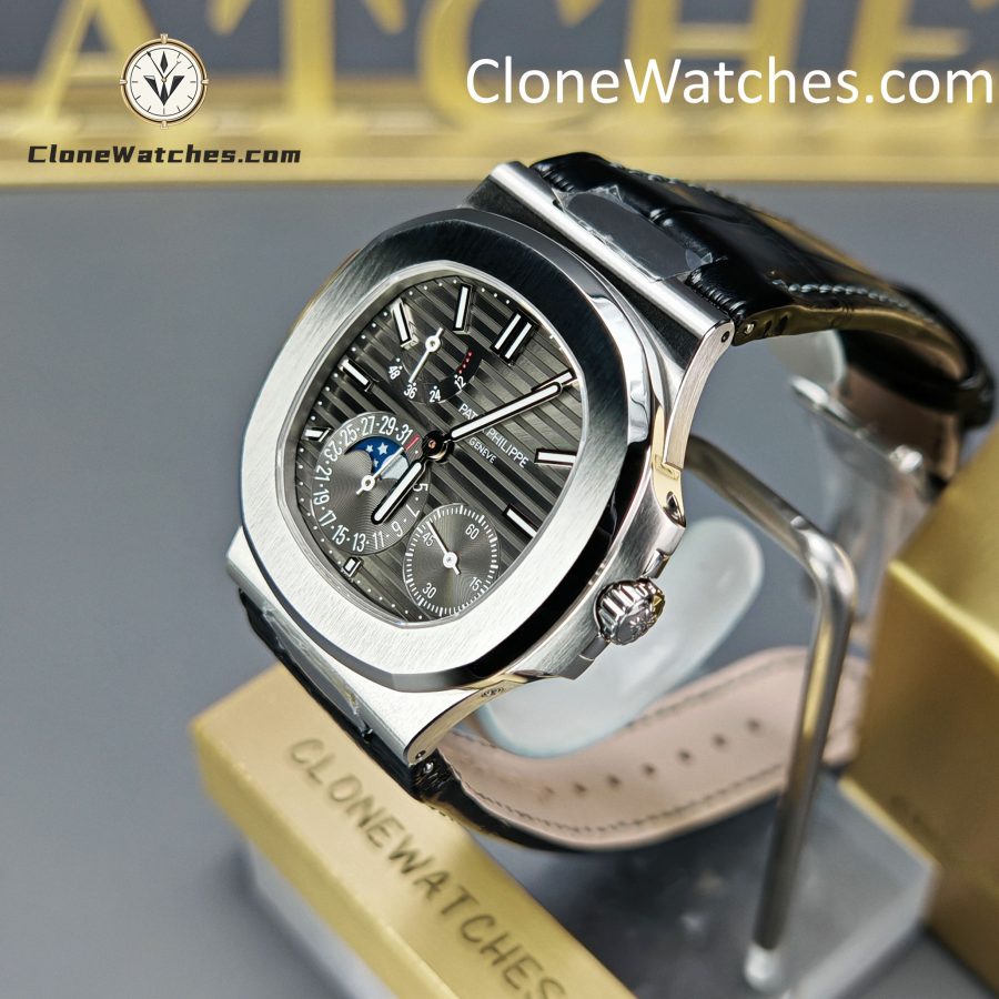 Patek Philippe Super Clone Watches 1:1 Nautilus 5712 Gray Dial Black Leather Strap - Image 3