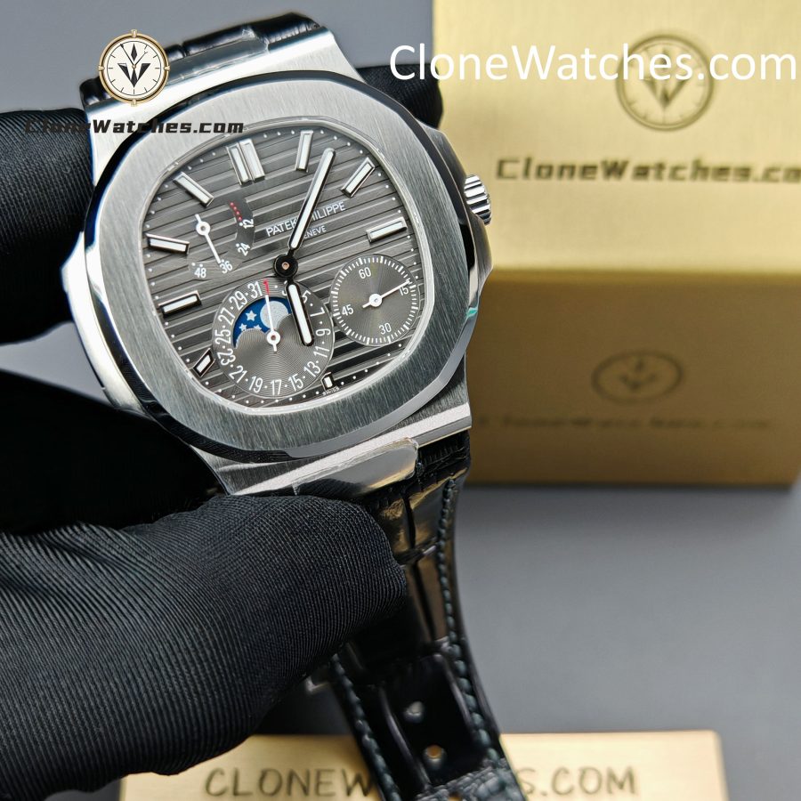 Patek Philippe Super Clone Watches 1:1 Nautilus 5712 Gray Dial Black Leather Strap - Image 4