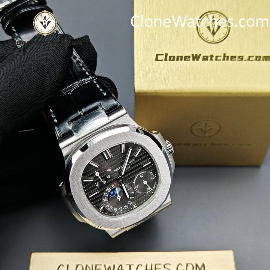 Patek Philippe Super Clone Watches 1:1 Nautilus 5712 Gray Dial Black Leather Strap - Image 5
