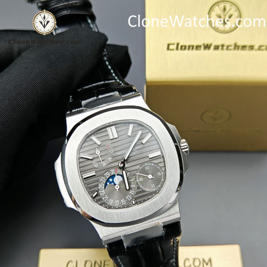 Patek Philippe Super Clone Watches 1:1 Nautilus 5712 Gray Dial Black Leather Strap - Image 6