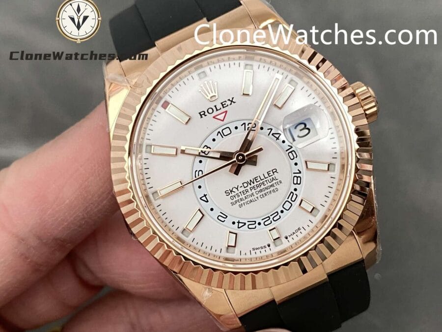 Rolex Super Clone Watch 1:1 Sky Dweller Rose Gold White Dial m336235-0003 42MM Rubber Strap - Image 2