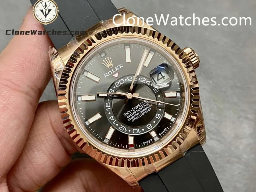 Rolex Super Clone Watch 1:1 Sky Dweller Rose Gold Black Dial m336235-0004 42MM Rubber Strap - Image 2