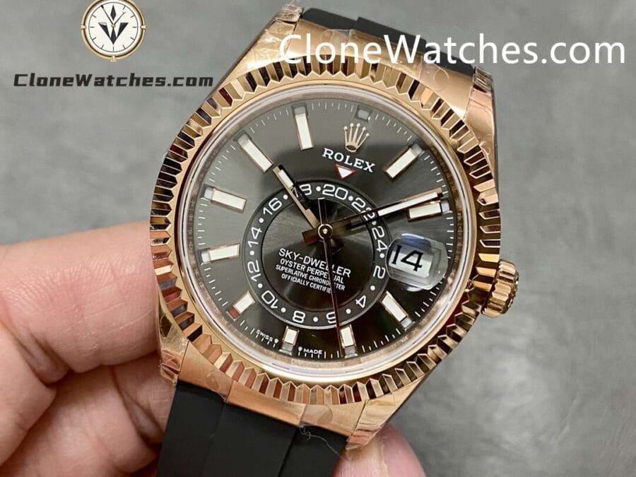 Rolex Super Clone Watch 1:1 Sky Dweller Rose Gold Black Dial m336235-0004 42MM Rubber Strap - Image 3