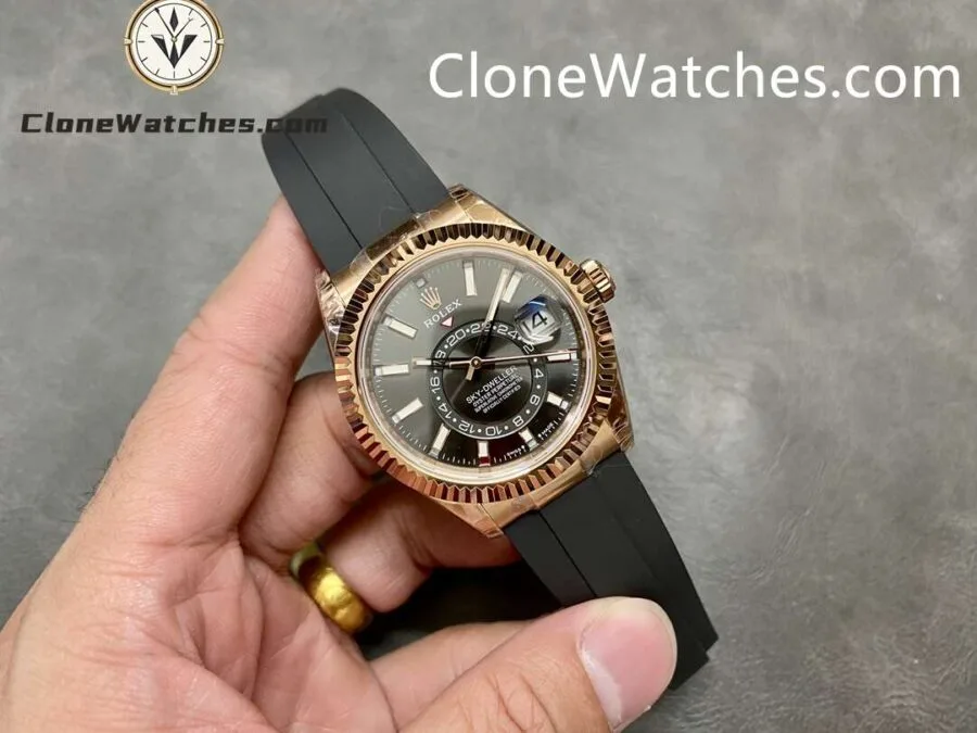 Rolex Super Clone Watch 1:1 Sky Dweller Rose Gold Black Dial m336235-0004 42MM Rubber Strap - Image 4