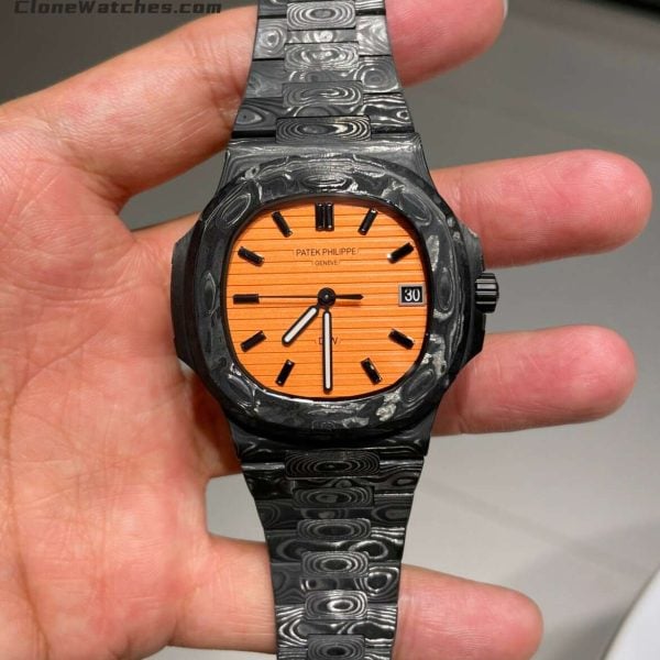 Super Clone Watches – Modified DiW Patek Philippe 5711 "ALL CARBON BLACK" Orange Dial