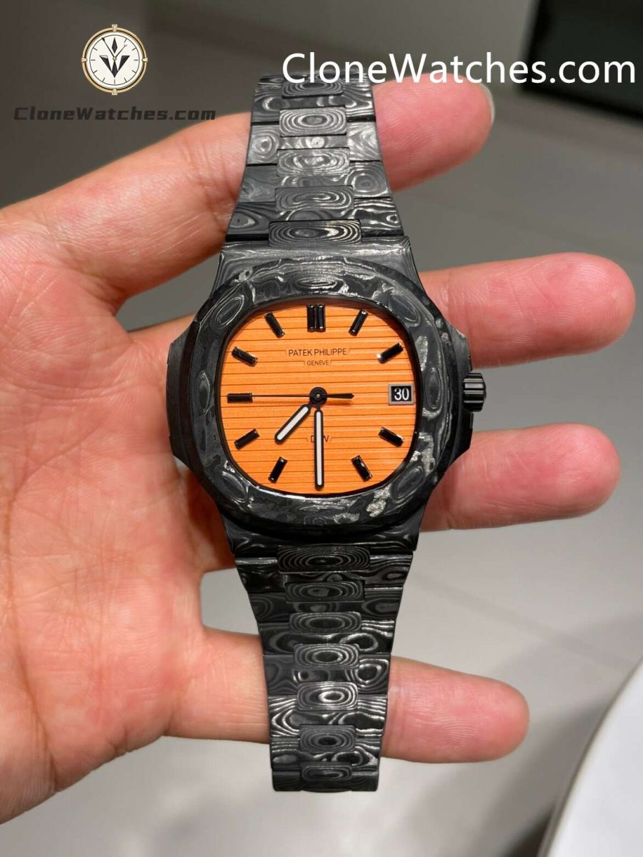 Super Clone Watches – Modified DiW Patek Philippe 5711 "ALL CARBON BLACK" Orange Dial