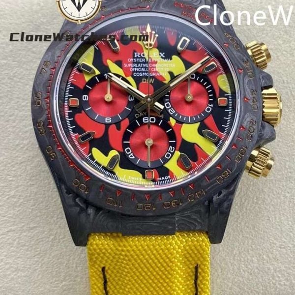 [Case] ​​The watch size 40X12.4 matches the original. The strength of casting carbon fiber Rolex’s unique style. Clone Watches has done it. The entire case, bezel and bottom cover are made of high-composite carbon fiber and super luminous powder. The details are made by hand chamfering and polishing. The texture is extraordinary. [Strap Buckle] The strap is made of artificial fiber woven belt, which is breathable, comfortable and soft. [Movement] Adopts the latest accurate and mature 4130, perfectly realizing powerful functions.