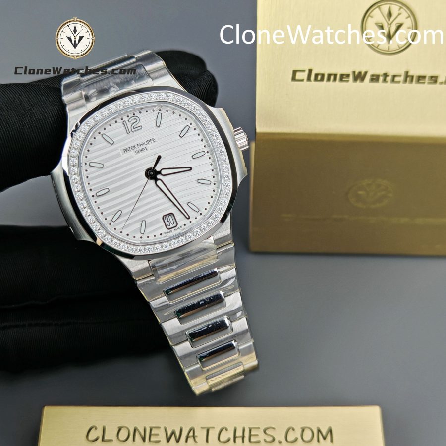 Patek Philippe Super Clone Watches 1:1 Nautilus White Dial Diamond Frame 7118/1200A-010 35.2 mm - Image 4
