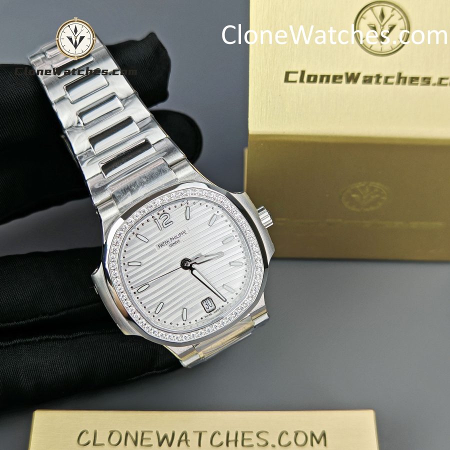Patek Philippe Super Clone Watches 1:1 Nautilus White Dial Diamond Frame 7118/1200A-010 35.2 mm - Image 5