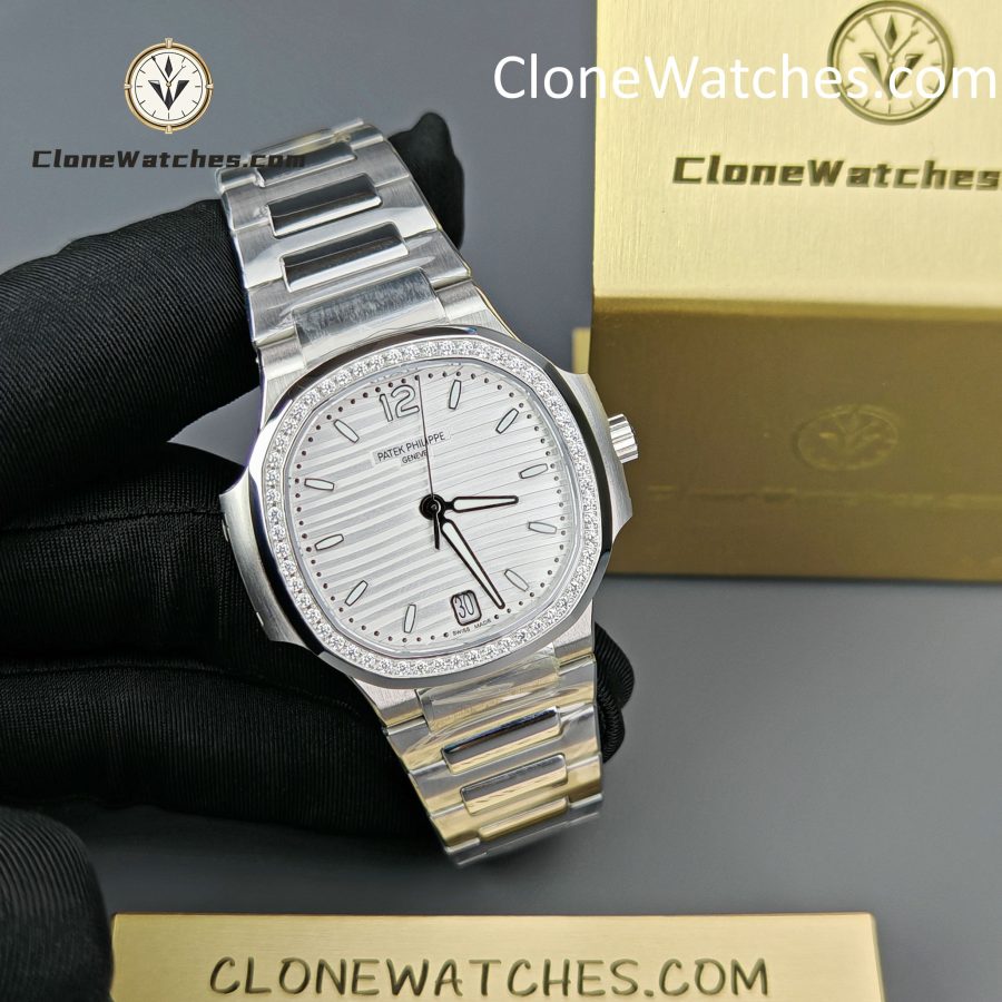Patek Philippe Super Clone Watches 1:1 Nautilus White Dial Diamond Frame 7118/1200A-010 35.2 mm - Image 6
