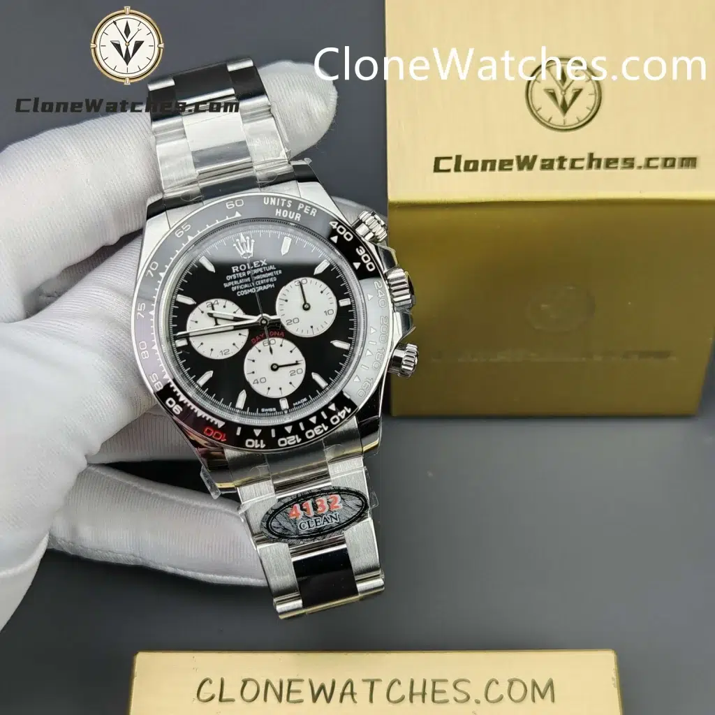 Rolex Daytona black dial chronograph with 4132 movement – premium super clone watch with sapphire crystal and engraved details.