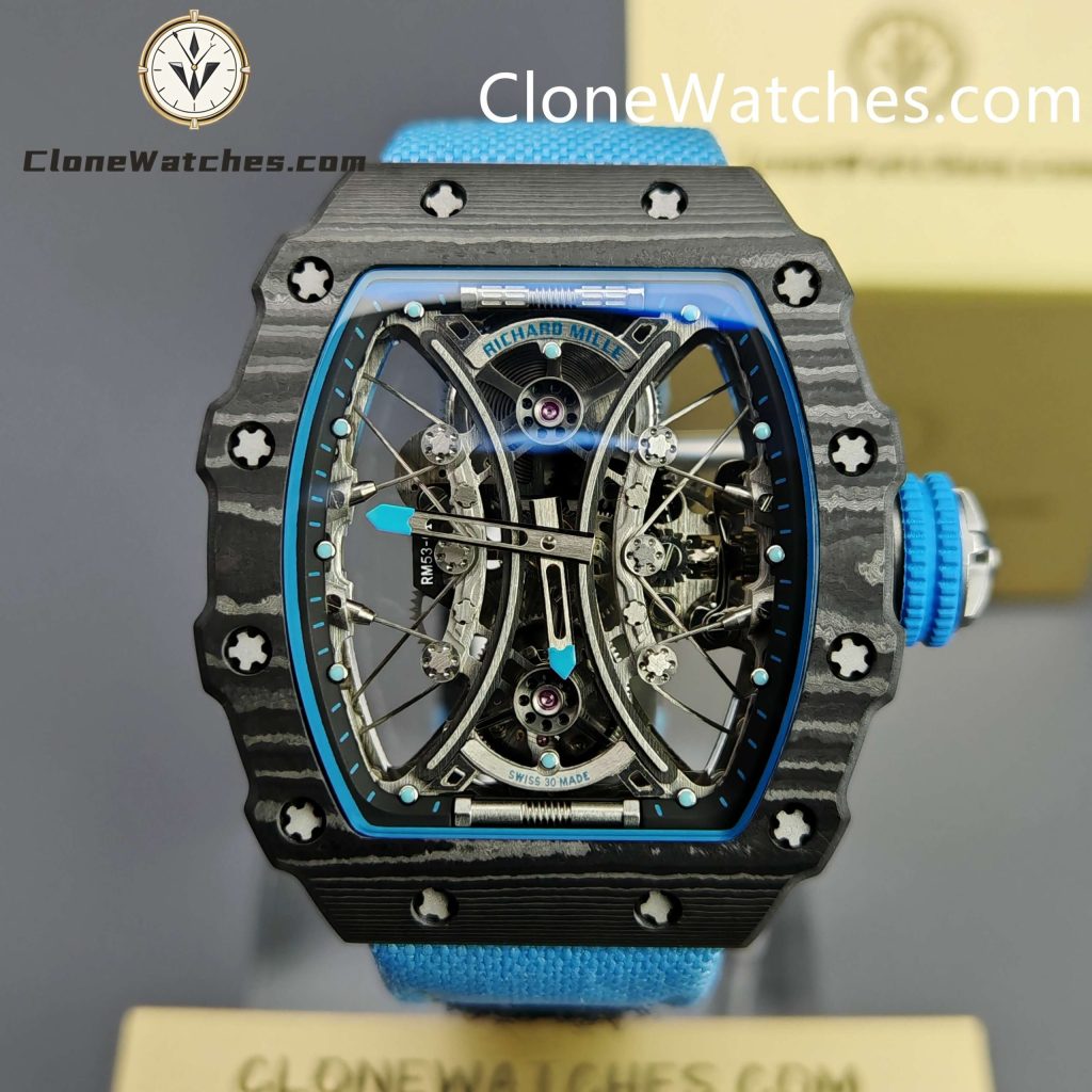 Richard Mille RM 53-01 tourbillon replica with carbon case and blue textile strap – top-tier skeletonized design and shock-resistant build.