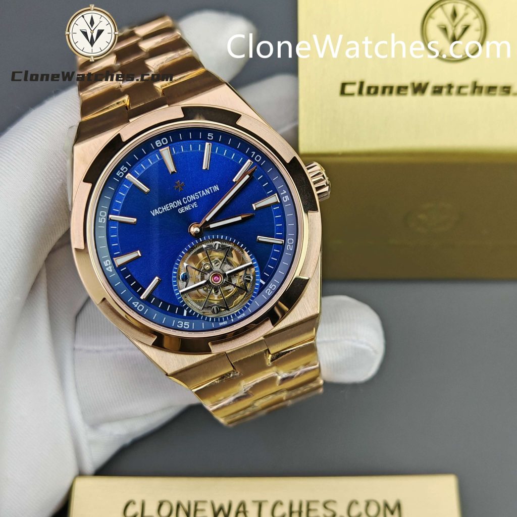 Vacheron Constantin Overseas Tourbillon with sunburst blue dial – high-end replica watch in rose gold with skeleton tourbillon cage.