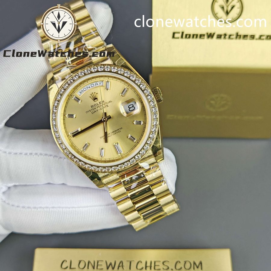 Rolex Super Clone Watches 1:1 Day Date Gold Dial Diamond Bezel M228348rbr-0002 40mm 3255 Movement - Image 4