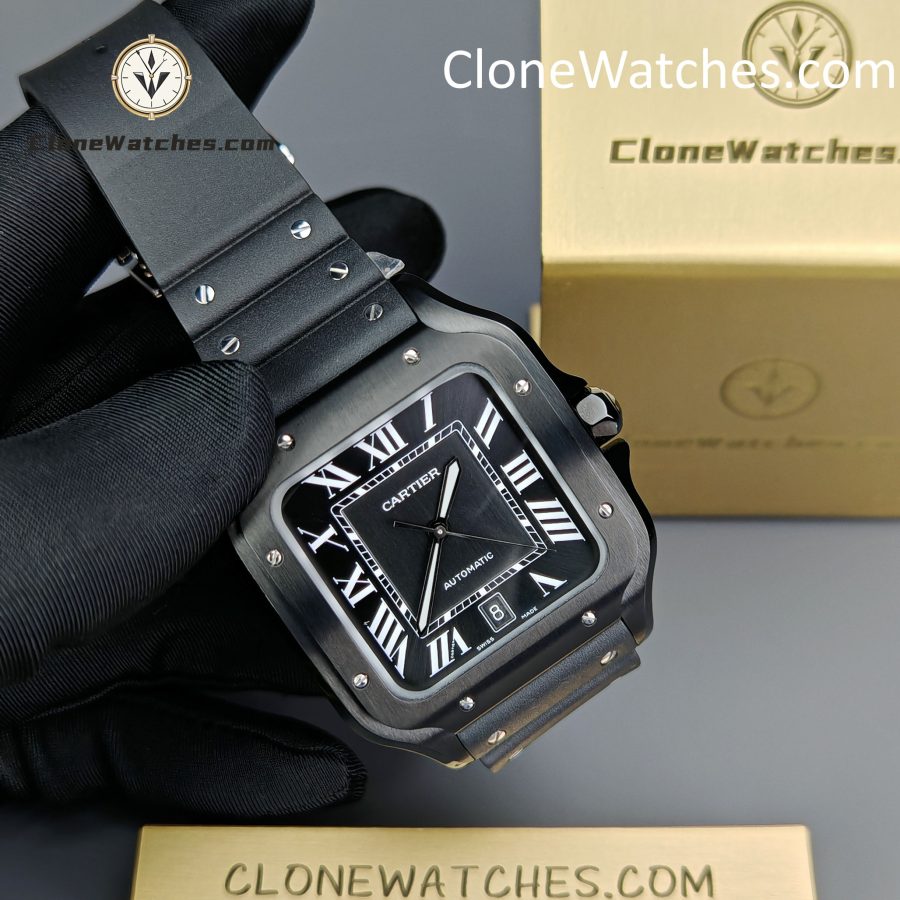 Cartier Super Clone Watches 1:1 Santos Series Black Dial 39.8MM WSSA0039 Rubber Strap - Image 4