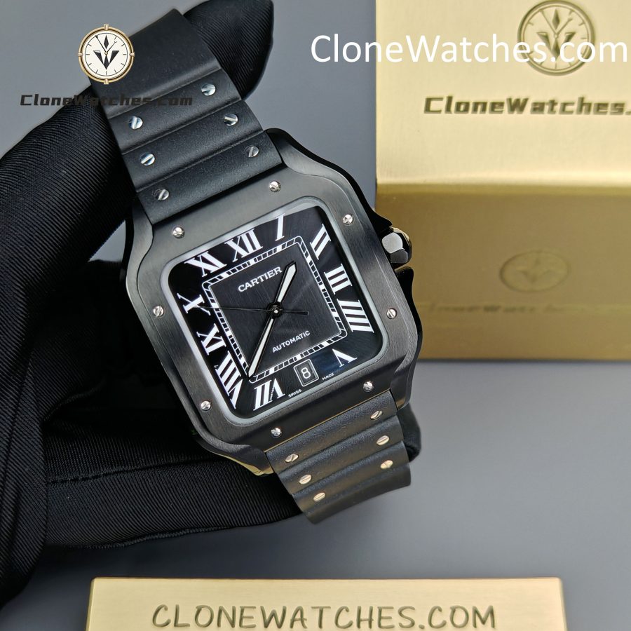 Cartier Super Clone Watches 1:1 Santos Series Black Dial 39.8MM WSSA0039 Rubber Strap - Image 5