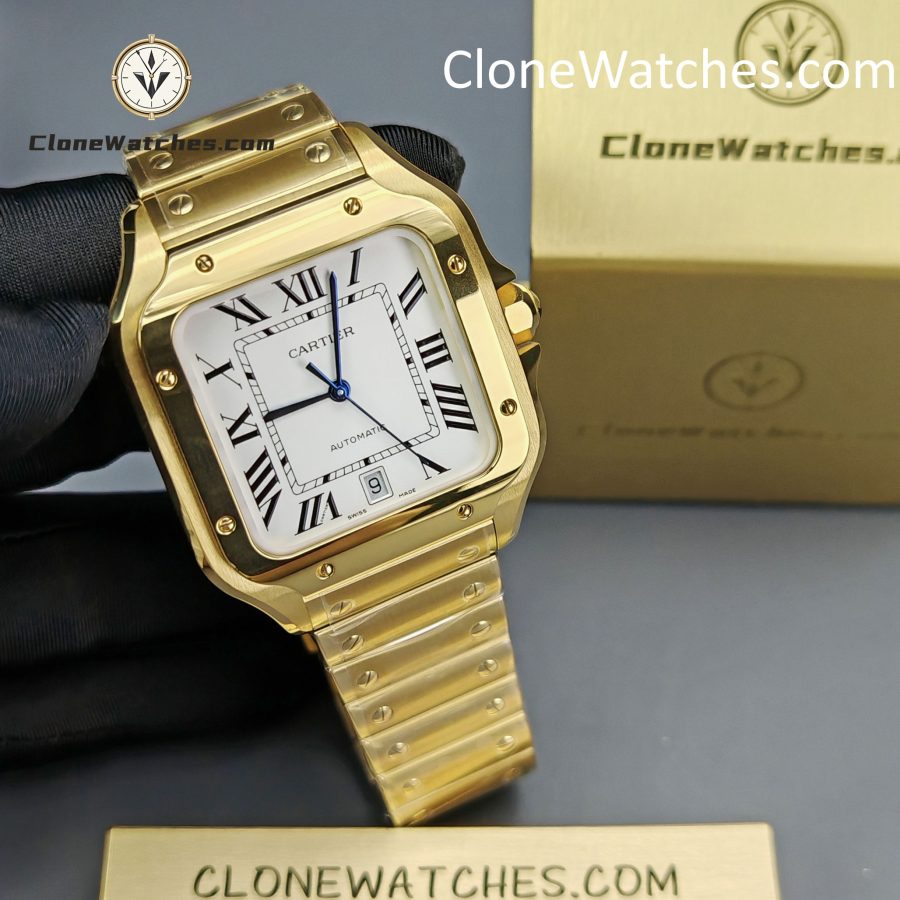 Cartier Super Clone Watches 1:1 Santos 18K Gold White Dial 39.8MM WGSA0009 - Image 3