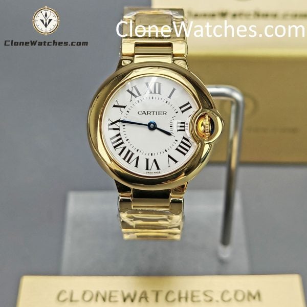 Cartier Super Clone Watches 1:1 Ballon Bleu de 18K Gold W69001Z2 Silver Dial 28mm