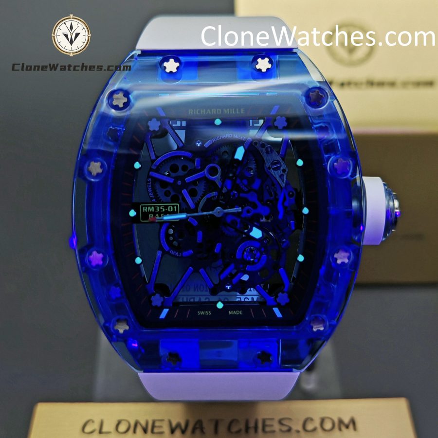 Richard Mille Super Clone Watches 1:1 RM 035 Blue Crystal Tourbillon Transparent Strap - Image 2