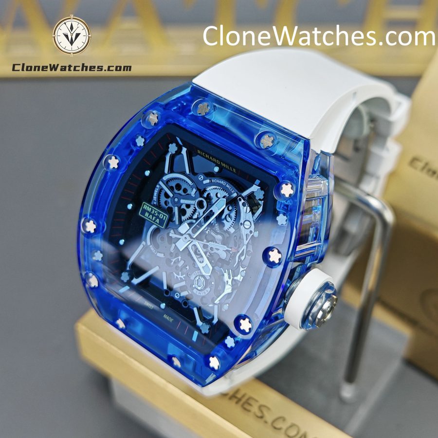 Richard Mille Super Clone Watches 1:1 RM 035 Blue Crystal Tourbillon Transparent Strap - Image 3